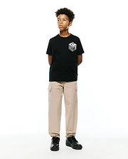 Kids Conan Back Graphic Tee, a black classic fit jersey t-shirt with a bold white 3D-effect Psycho Bunny text graphic prominently displayed on the front chest.