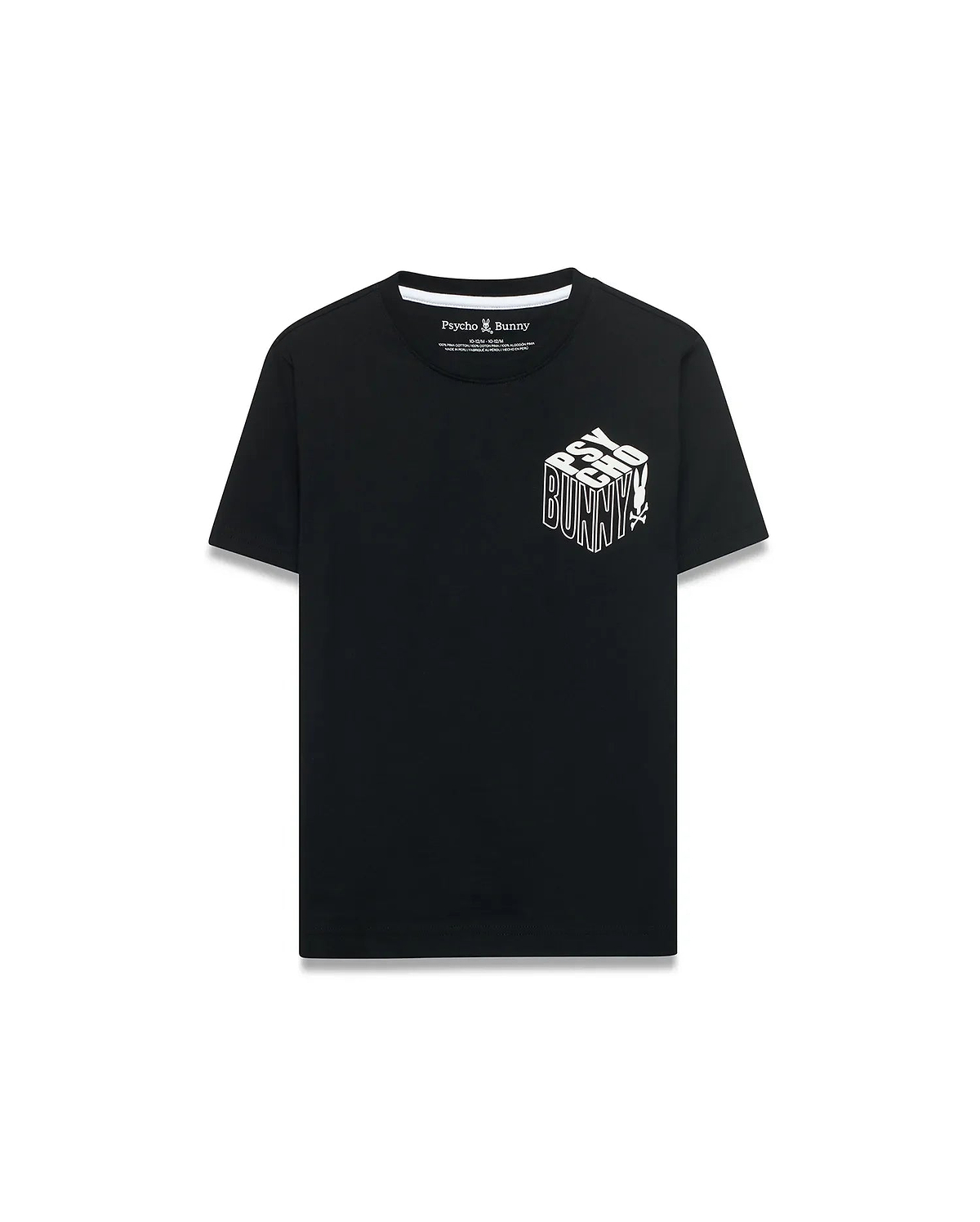 Kids Conan Back Graphic Tee in black, a classic fit jersey t-shirt featuring a white 3D-effect PSYCHO BUNNY text graphic and skull logo on the left chest.