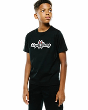 Kids Jaydon Wordmark Graphic Tee, black classic fit jersey t-shirt featuring a large white Psycho Bunny wordmark and red-eared bunny skull logo graphic on the chest.