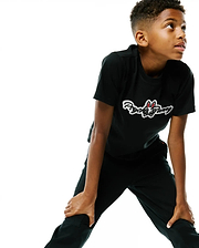 Kids Jaydon Wordmark Graphic Tee in black jersey, featuring a classic fit and a large white Psycho Bunny wordmark graphic with red bunny skull accents on the chest.