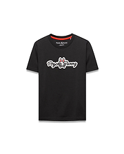 Black Kids Jaydon Wordmark Graphic Tee in classic fit jersey knit, featuring a large center chest Psycho Bunny wordmark graphic with integrated bunny skull logo, outlined in white and red, and a red inner neckline accent.