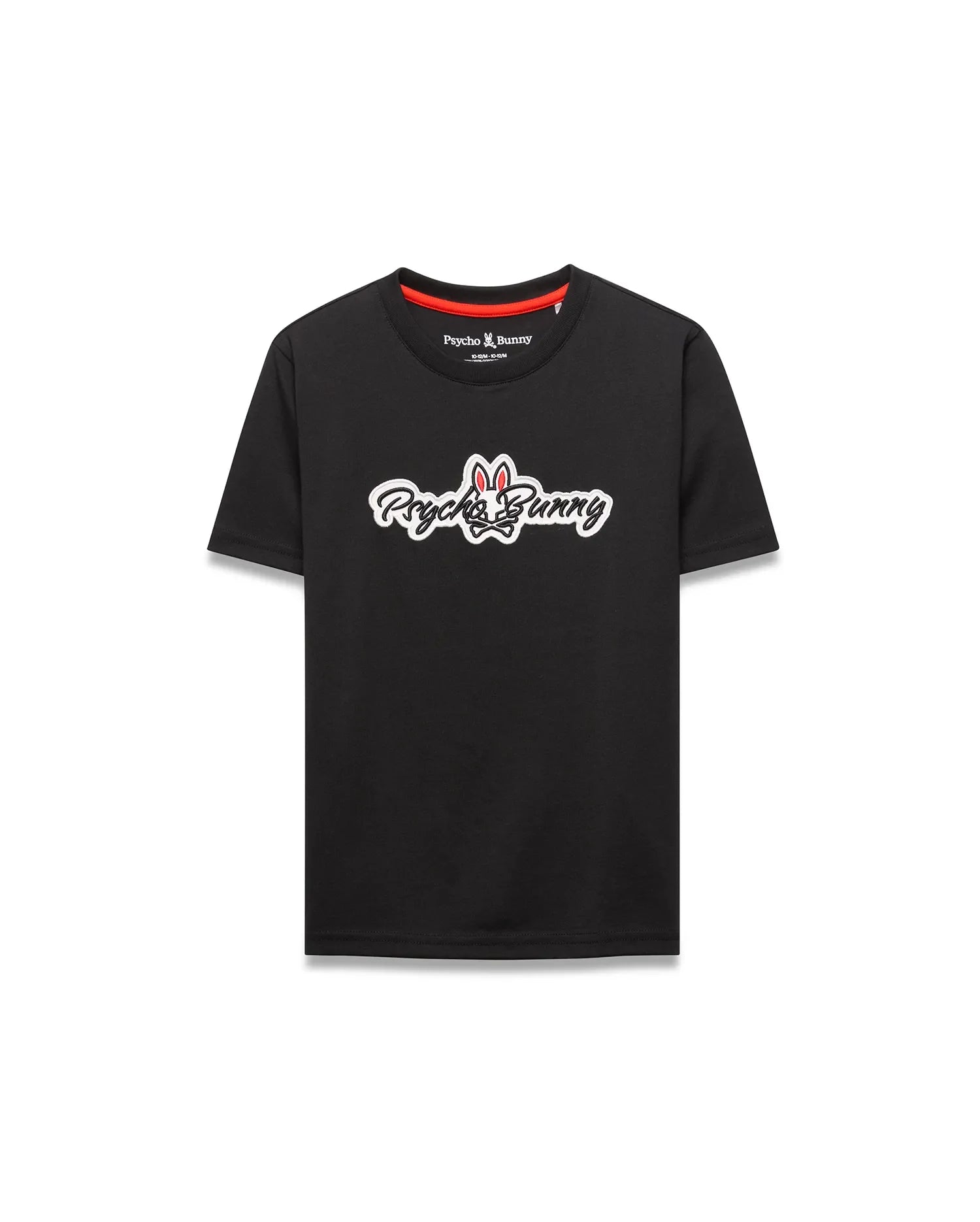 Black Kids Jaydon Wordmark Graphic Tee in classic fit jersey knit, featuring a large center chest Psycho Bunny wordmark graphic with integrated bunny skull logo, outlined in white and red, and a red inner neckline accent.