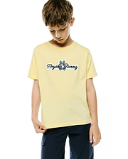 Kids Jaydon Wordmark Graphic Tee in light yellow soft jersey, classic fit, featuring a prominent blue and white Psycho Bunny wordmark graphic with the iconic bunny skull logo on the center chest.