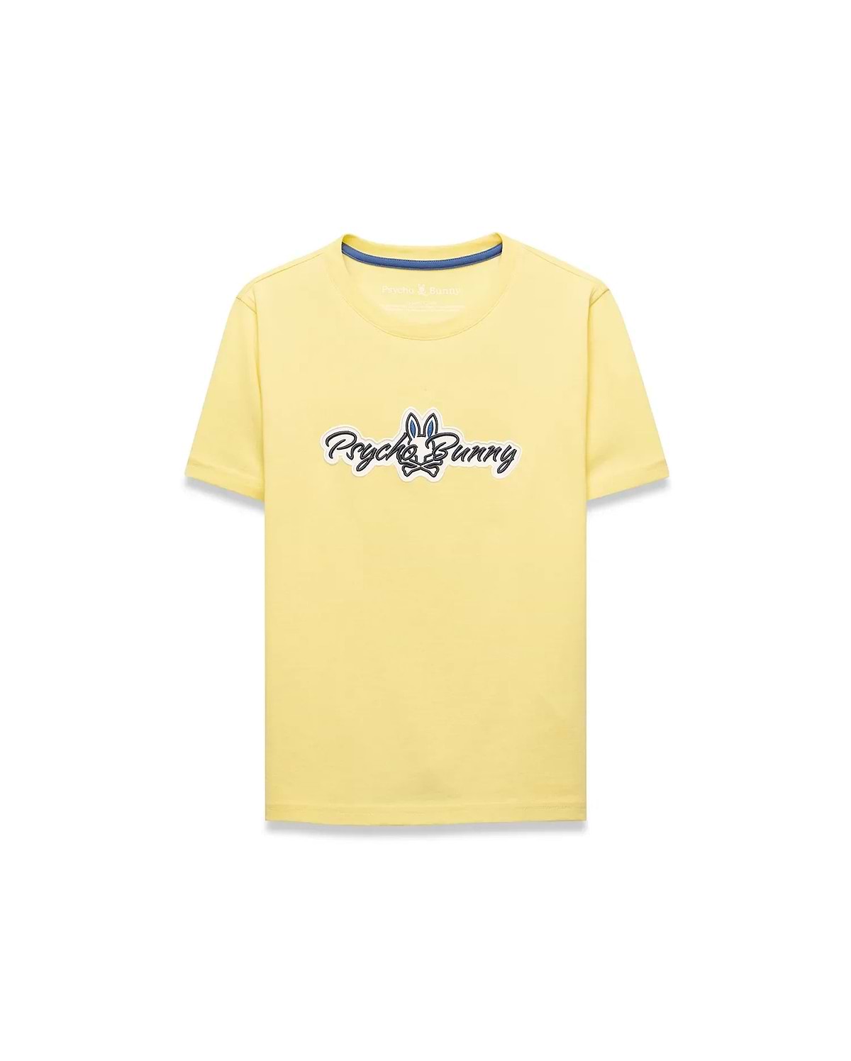 Kids Jaydon Wordmark Graphic Tee, a classic fit pale yellow jersey t-shirt featuring a large central chest graphic of the Psycho Bunny wordmark and skull logo in black, white, and blue.