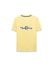 Kids Jaydon Wordmark Graphic Tee, a classic fit pale yellow jersey t-shirt featuring a large central chest graphic of the Psycho Bunny wordmark and skull logo in black, white, and blue.