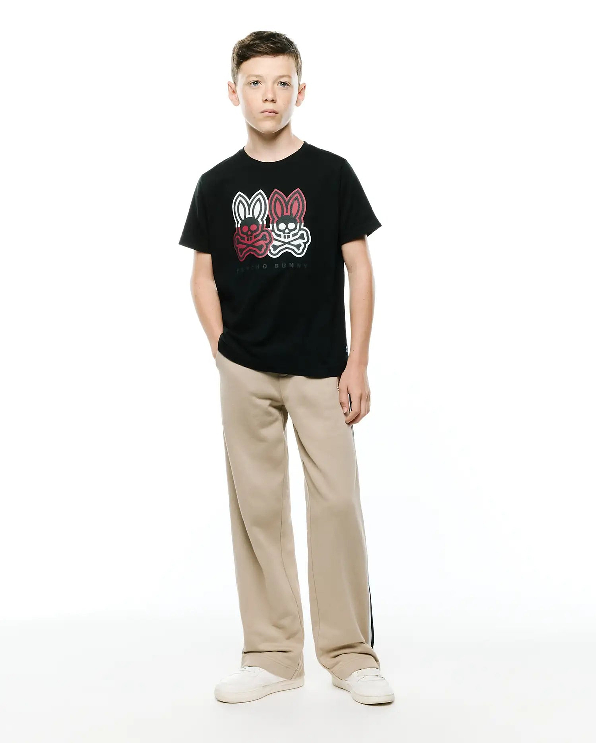 Black Kids Ledger Graphic Tee, classic fit, featuring two large red and white Psycho Bunny skull logos with text on the chest, made from soft jersey fabric.