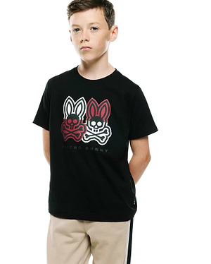 Black Kids Ledger Graphic Tee, classic fit jersey knit, featuring a large chest print of two Psycho Bunny skull logos in white and red with crossbones, and PSYCHO BUNNY text.