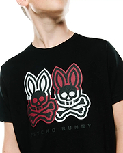 Kids Ledger Graphic Tee, a black classic fit jersey t-shirt featuring a large chest graphic of two Psycho Bunny skull logos, one red and one white, with crossbones and Psycho Bunny text.