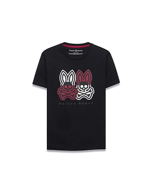 Kids Ledger Graphic Tee. Black classic fit jersey t-shirt with a large central graphic featuring two outlined Psycho Bunny skull logos in white and burgundy, with Psycho Bunny text below.