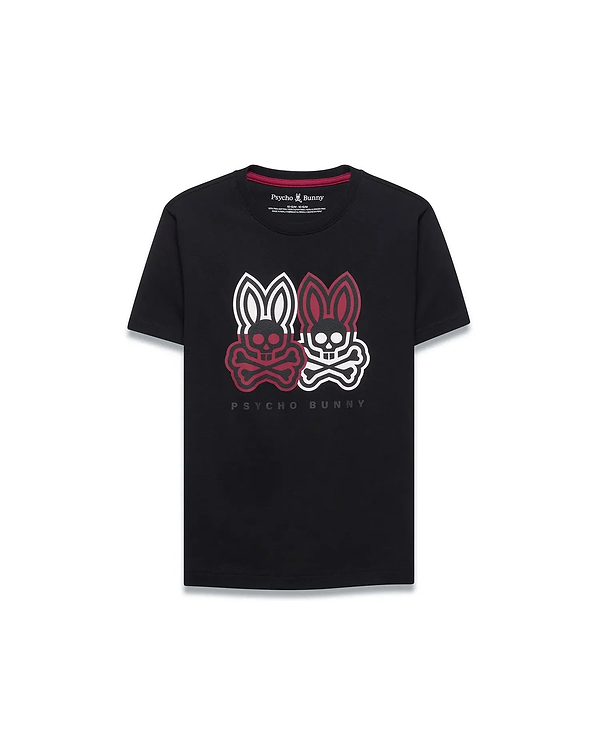 Kids Ledger Graphic Tee. Black classic fit jersey t-shirt with a large central graphic featuring two outlined Psycho Bunny skull logos in white and burgundy, with Psycho Bunny text below.