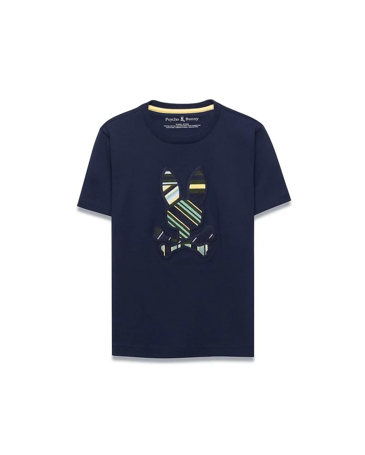 Kids Drew Embroidered Graphic Tee in navy, featuring a classic fit and soft jersey knit. A large, center chest embroidered Psycho Bunny skull logo displays vibrant green, yellow, light blue, and white stripes.