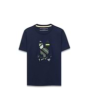 Kids Drew Embroidered Graphic Tee in navy, featuring a classic fit and soft jersey knit. A large, center chest embroidered Psycho Bunny skull logo displays vibrant green, yellow, light blue, and white stripes.
