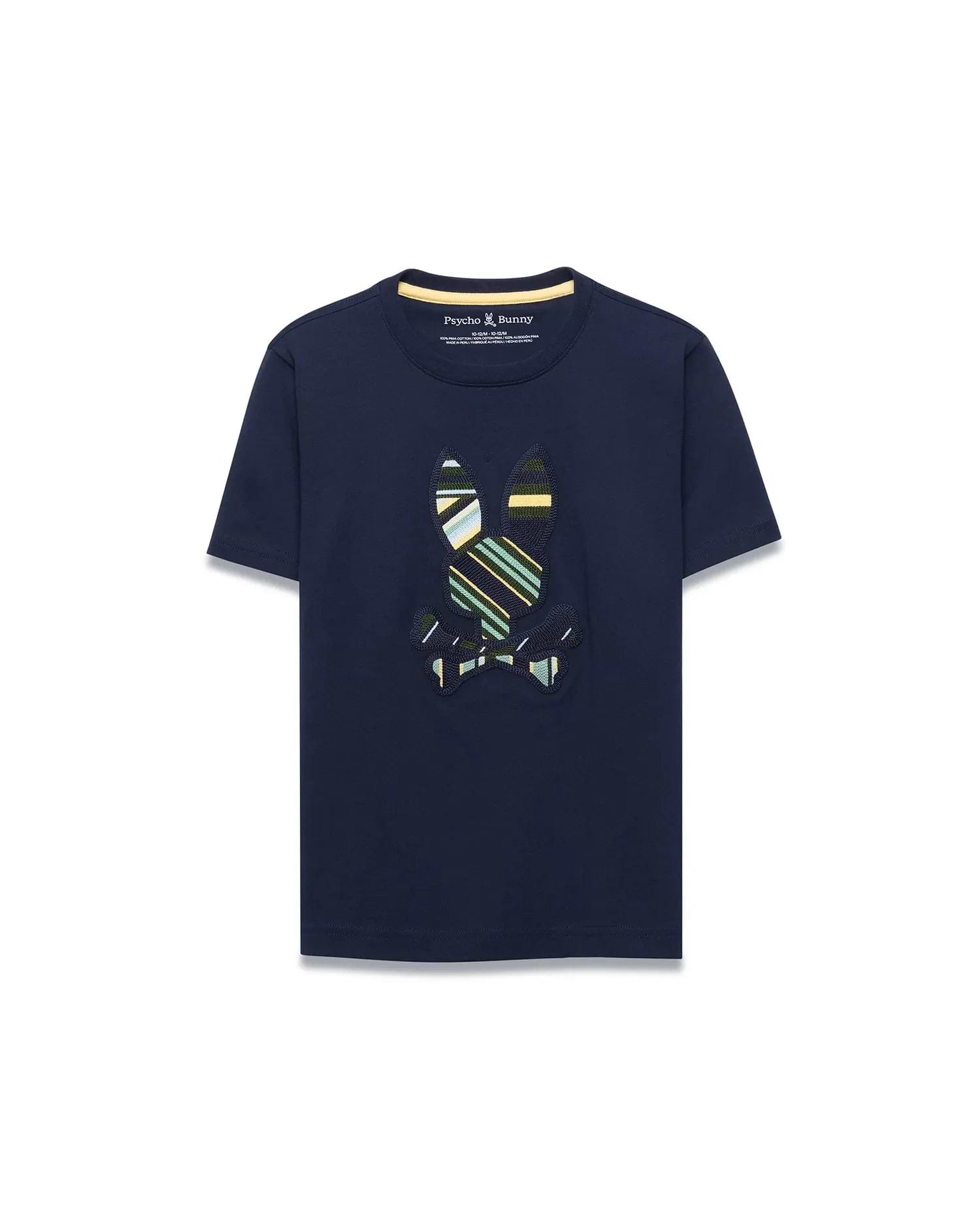 Kids Drew Embroidered Graphic Tee in navy, featuring a classic fit and soft jersey knit. A large, center chest embroidered Psycho Bunny skull logo displays vibrant green, yellow, light blue, and white stripes.