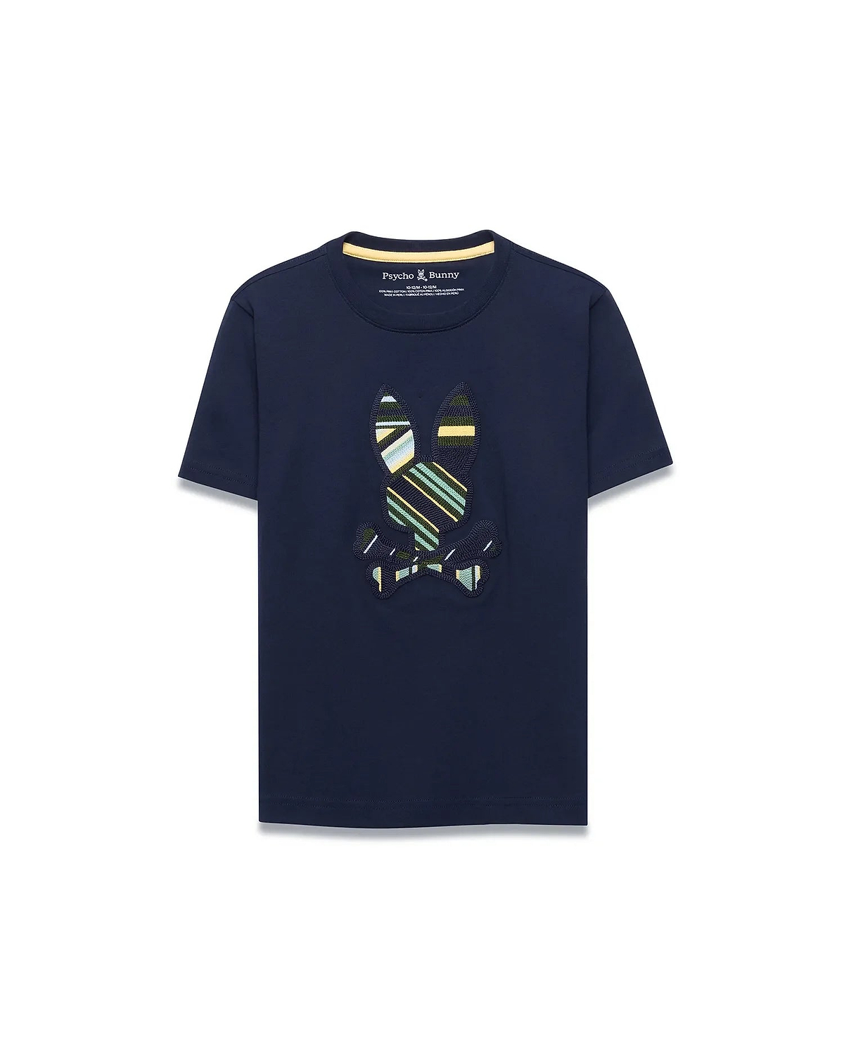 Kids Drew Embroidered Graphic Tee in navy, featuring a classic fit and soft jersey knit. A large, center chest embroidered Psycho Bunny skull logo displays vibrant green, yellow, light blue, and white stripes.