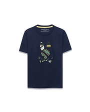 Kids Drew Embroidered Graphic Tee in navy, featuring a classic fit and soft jersey knit. A large, center chest embroidered Psycho Bunny skull logo displays vibrant green, yellow, light blue, and white stripes.