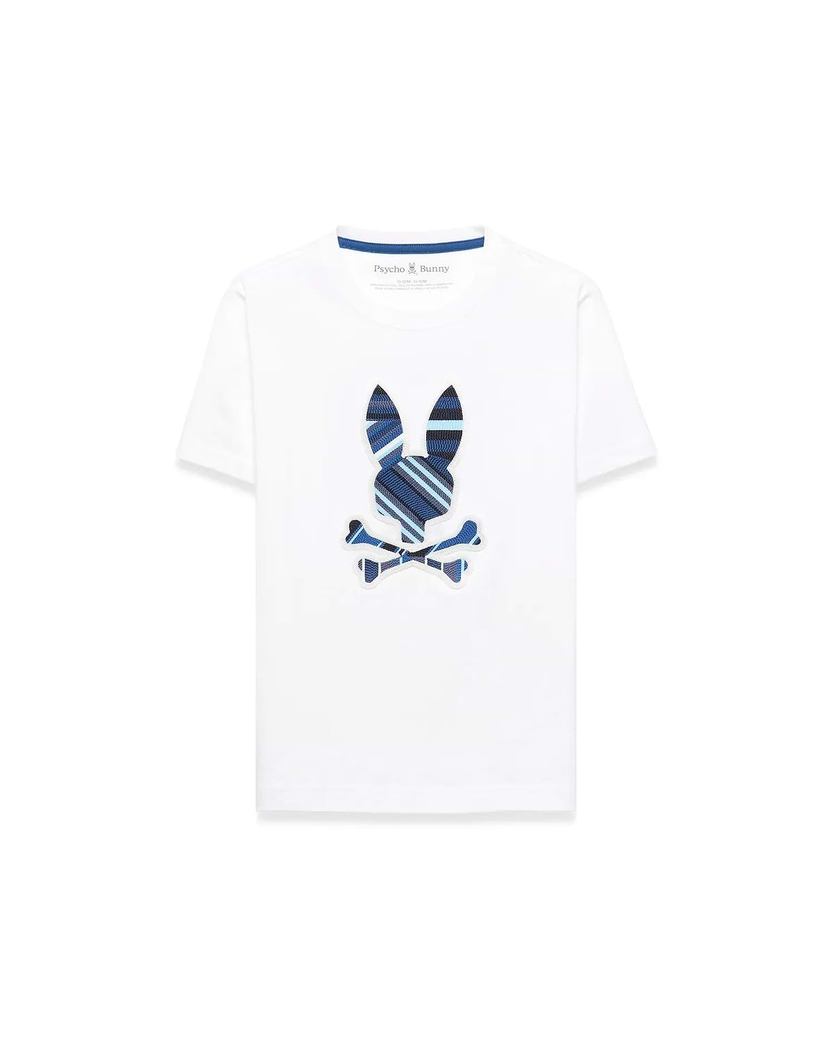 Kids Drew Embroidered Graphic Tee, white classic fit jersey knit with a large central embroidered Psycho Bunny skull logo featuring blue, navy, and light blue stripes.