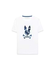Kids Drew Embroidered Graphic Tee, white classic fit jersey knit with a large central embroidered Psycho Bunny skull logo featuring blue, navy, and light blue stripes.
