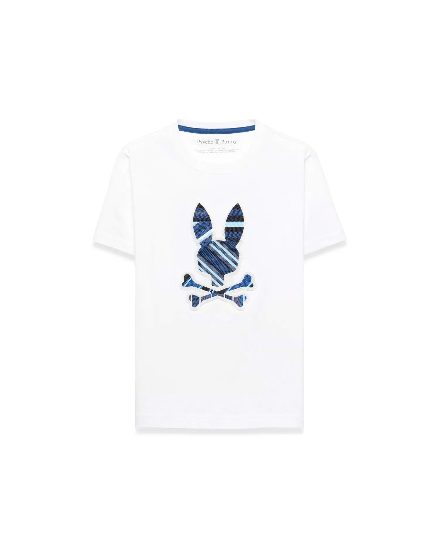 Kids Drew Embroidered Graphic Tee, white classic fit jersey knit with a large central embroidered Psycho Bunny skull logo featuring blue, navy, and light blue stripes.