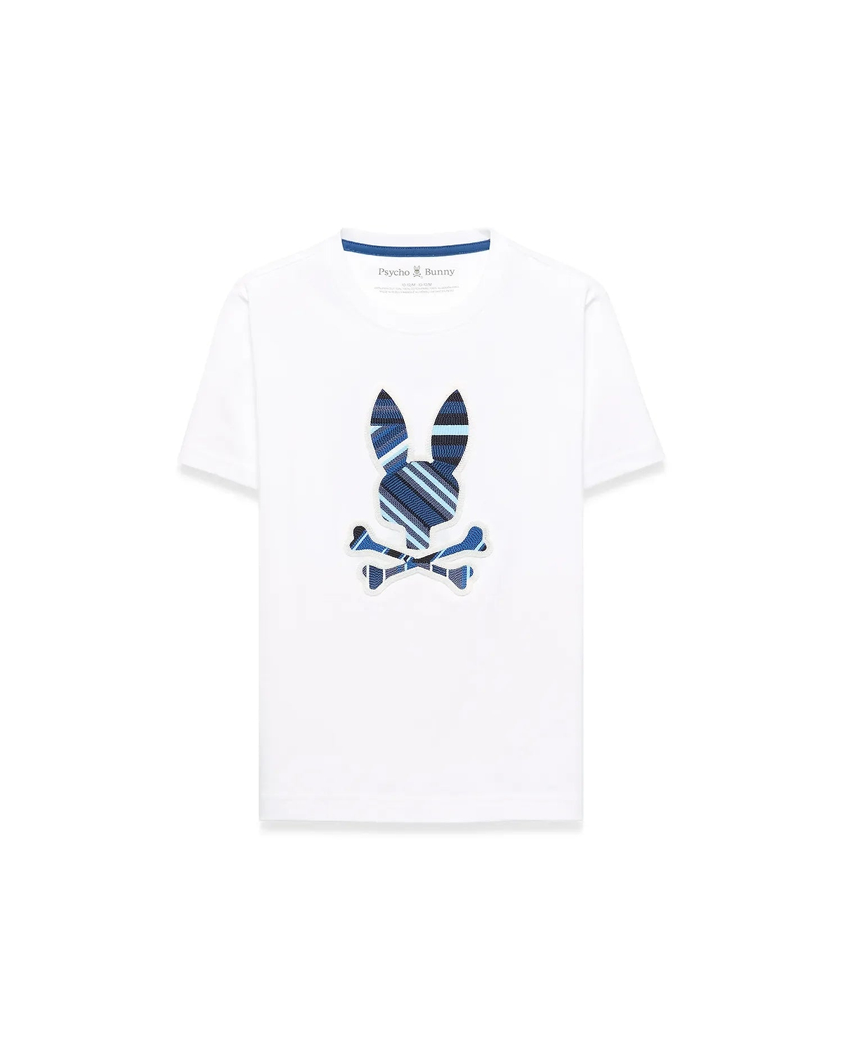 Kids Drew Embroidered Graphic Tee, white classic fit jersey knit with a large central embroidered Psycho Bunny skull logo featuring blue, navy, and light blue stripes.
