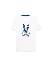 Kids Drew Embroidered Graphic Tee, white classic fit jersey knit with a large central embroidered Psycho Bunny skull logo featuring blue, navy, and light blue stripes.