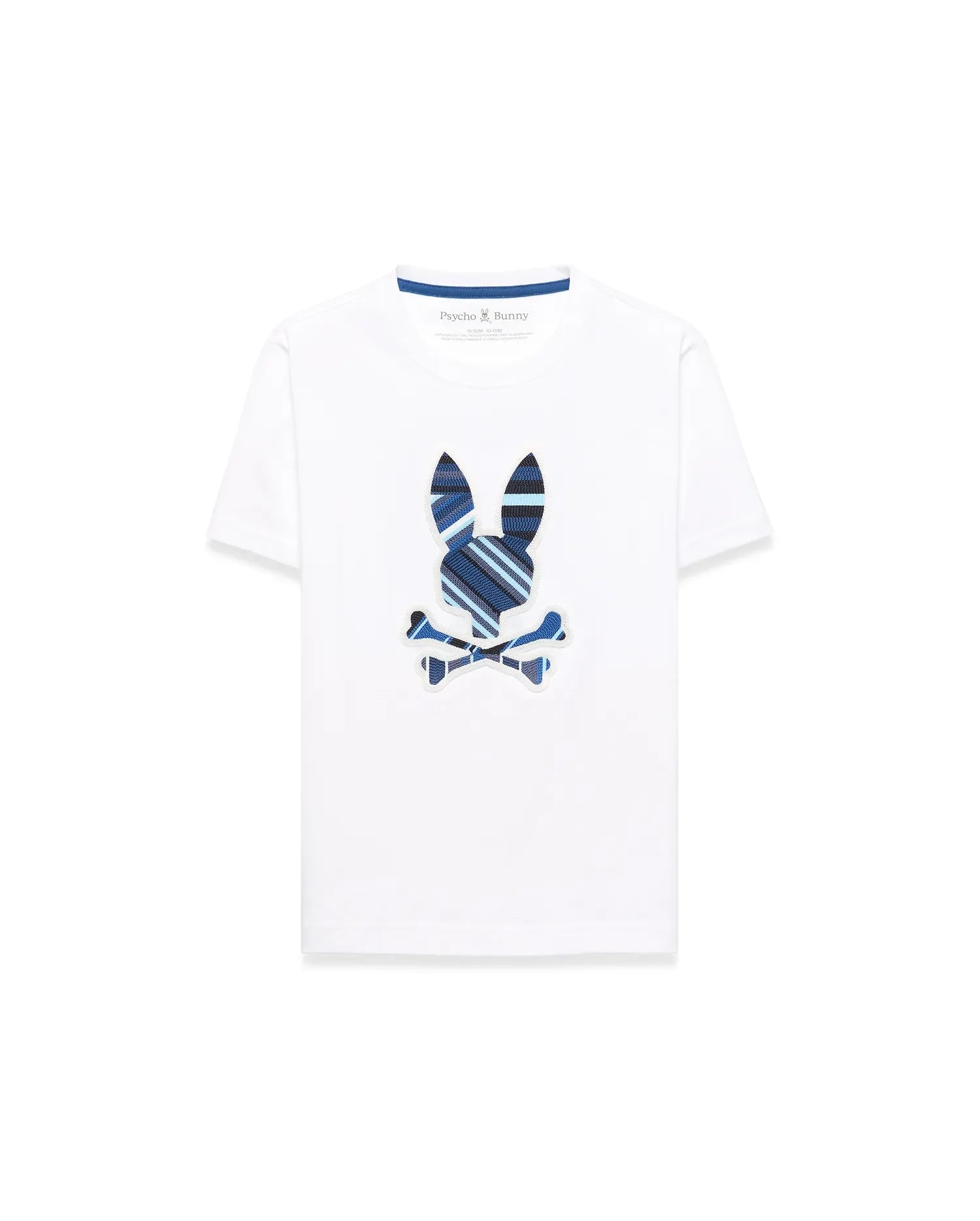 Kids Drew Embroidered Graphic Tee, white classic fit jersey knit with a large central embroidered Psycho Bunny skull logo featuring blue, navy, and light blue stripes.