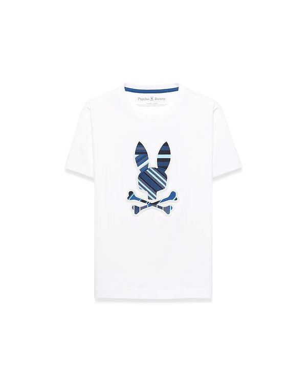 Kids Drew Embroidered Graphic Tee, white classic fit jersey knit with a large central embroidered Psycho Bunny skull logo featuring blue, navy, and light blue stripes.
