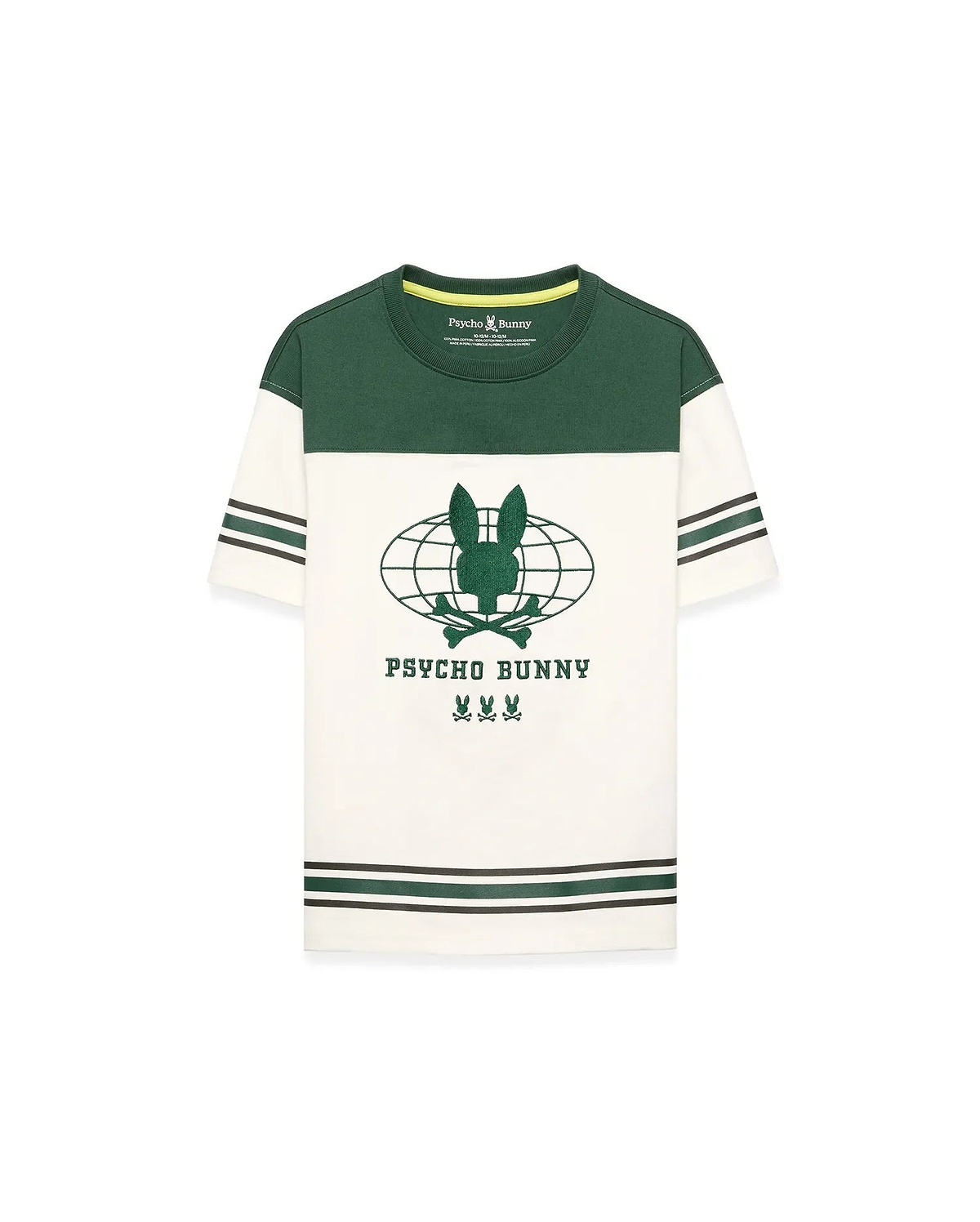 Kids Mike Graphic Jersey Tee in dark green and cream jersey, featuring a classic fit, color-block design, striped sleeves and hem, and a large central Psycho Bunny globe graphic print with skull logos.