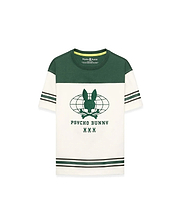 Kids Mike Graphic Jersey Tee in dark green and cream jersey, featuring a classic fit, color-block design, striped sleeves and hem, and a large central Psycho Bunny globe graphic print with skull logos.