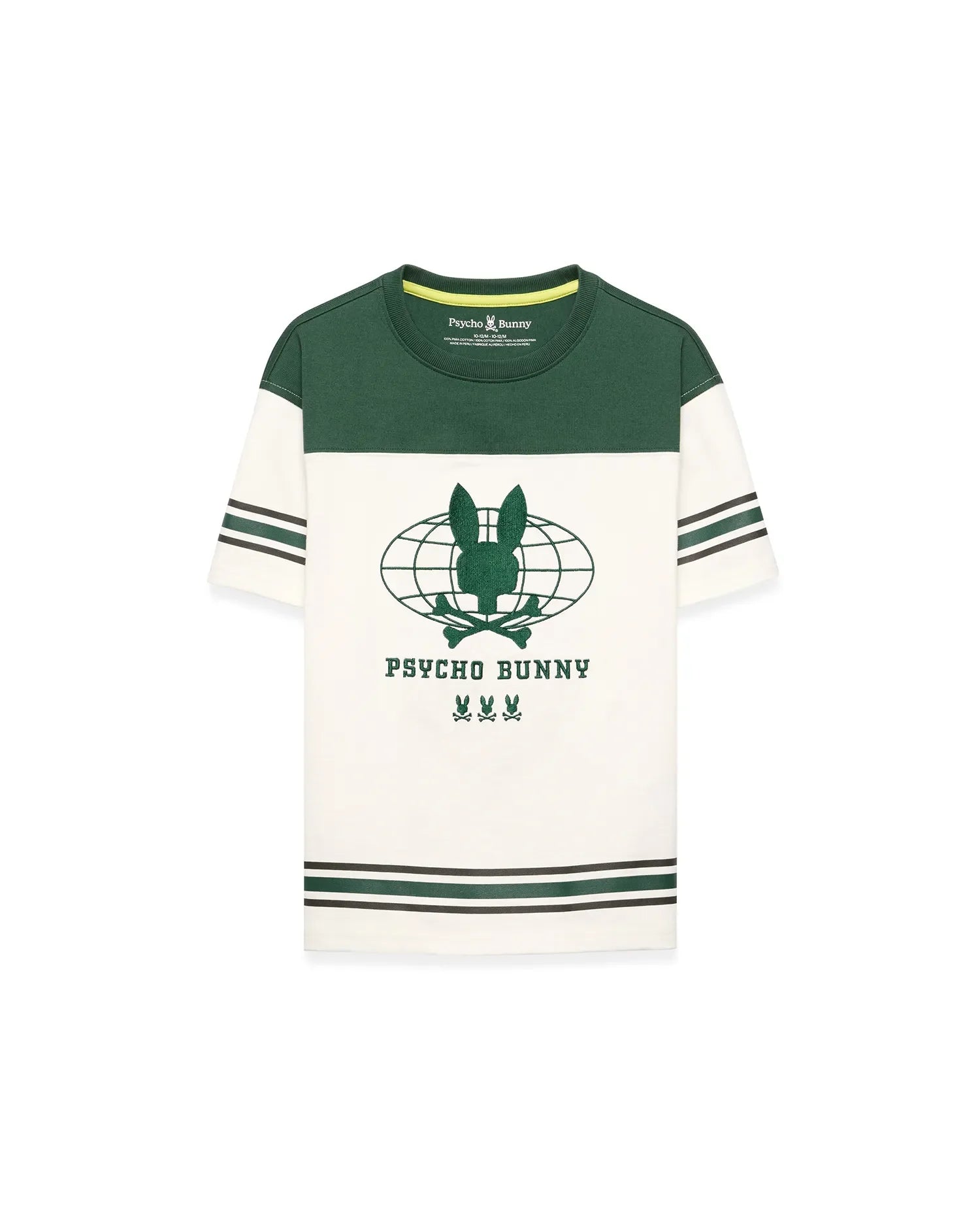 Kids Mike Graphic Jersey Tee in dark green and cream jersey, featuring a classic fit, color-block design, striped sleeves and hem, and a large central Psycho Bunny globe graphic print with skull logos.
