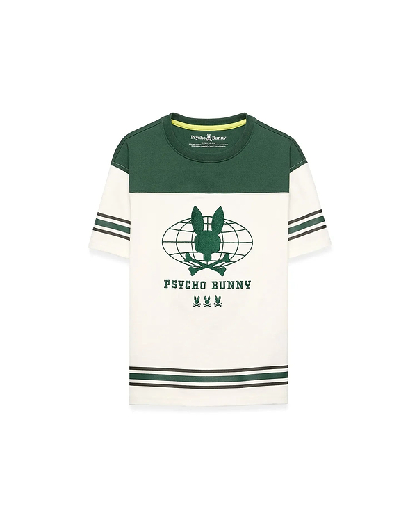 Kids Mike Graphic Jersey Tee in dark green and cream jersey, featuring a classic fit, color-block design, striped sleeves and hem, and a large central Psycho Bunny globe graphic print with skull logos.