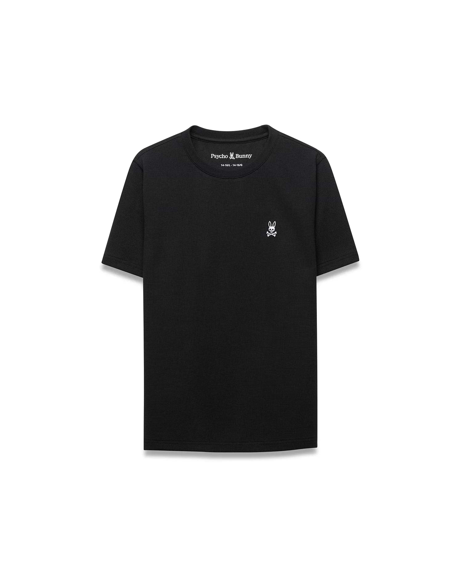 Kids Maxton Waffle Tee, a black classic fit t-shirt featuring a textured waffle knit fabric and a small white embroidered Psycho Bunny skull logo on the left chest. (5)