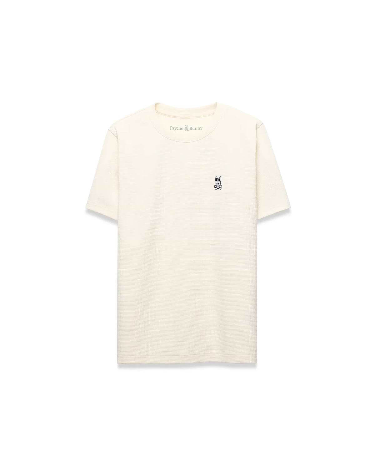 Kids Maxton Waffle Tee in cream, featuring a classic fit, waffle knit texture, and a small embroidered navy Psycho Bunny skull logo on the left chest. (5)