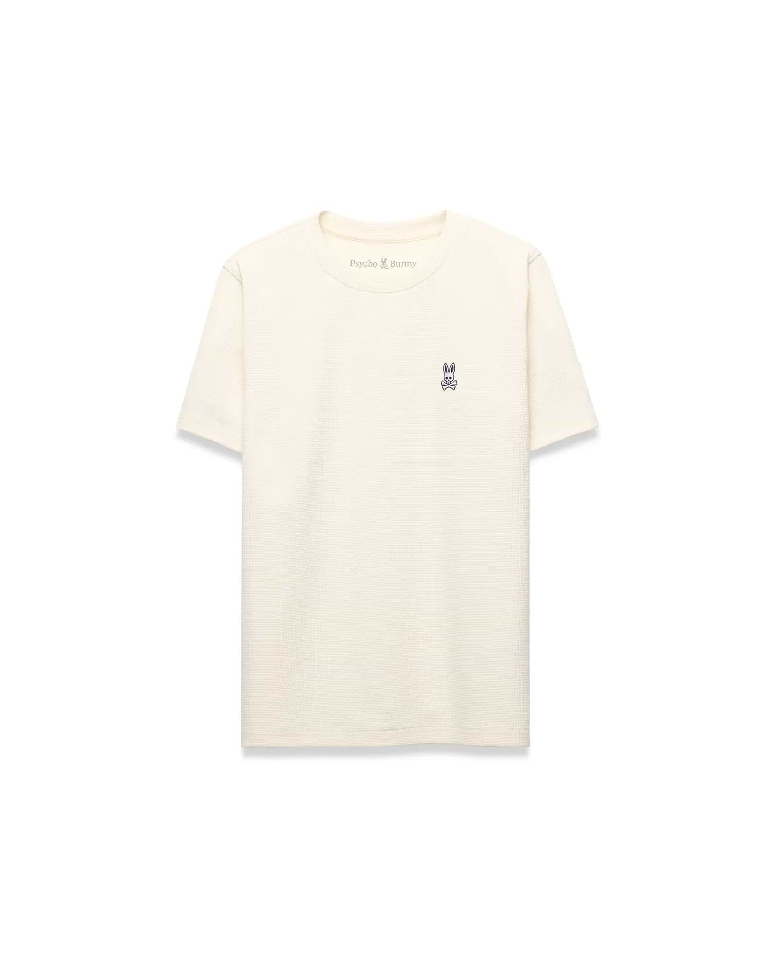 Kids Maxton Waffle Tee in cream, featuring a classic fit, waffle knit texture, and a small embroidered navy Psycho Bunny skull logo on the left chest. (5)