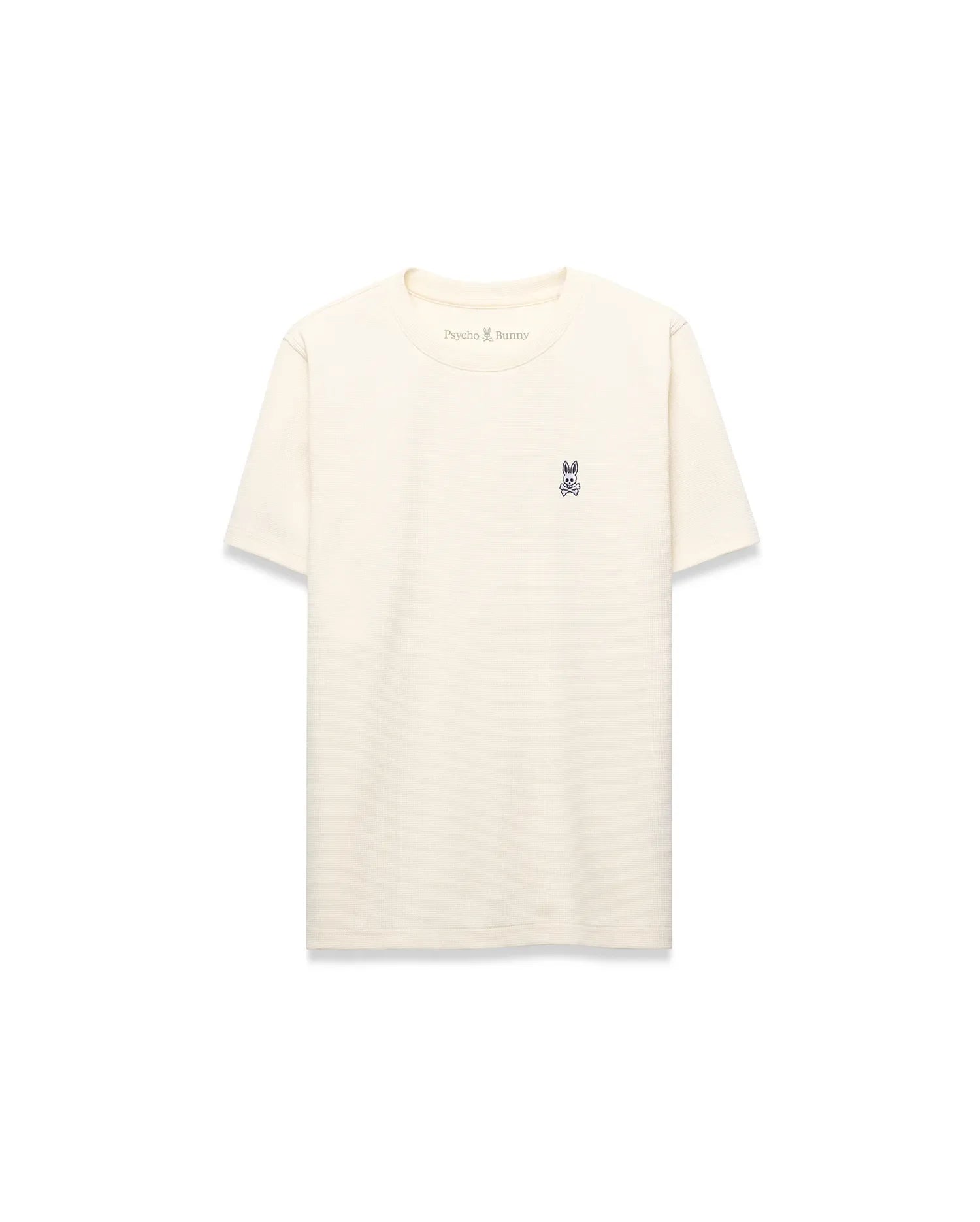 Kids Maxton Waffle Tee in cream, featuring a classic fit, waffle knit texture, and a small embroidered navy Psycho Bunny skull logo on the left chest. (5)