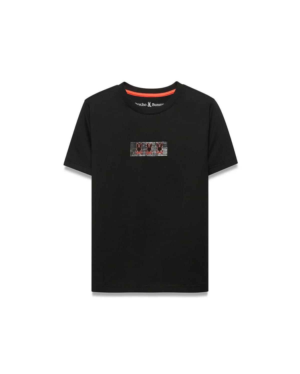 Kids' Alfie Back Graphic Tee, a black classic fit jersey t-shirt featuring a pixelated chest graphic with three orange Psycho Bunny skull logos and an orange neck tape. (1)