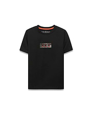 Kids' Alfie Back Graphic Tee, a black classic fit jersey t-shirt featuring a pixelated chest graphic with three orange Psycho Bunny skull logos and an orange neck tape. (1)