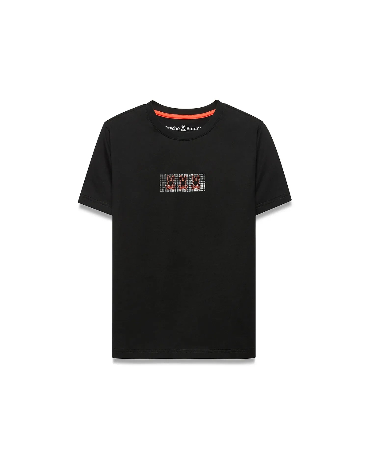 Kids' Alfie Back Graphic Tee, a black classic fit jersey t-shirt featuring a pixelated chest graphic with three orange Psycho Bunny skull logos and an orange neck tape. (1)
