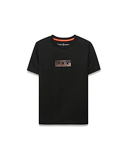 Kids' Alfie Back Graphic Tee, a black classic fit jersey t-shirt featuring a pixelated chest graphic with three orange Psycho Bunny skull logos and an orange neck tape. (1)
