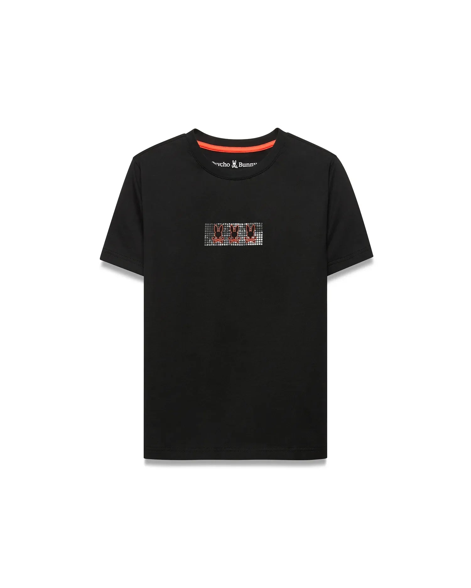 Kids' Alfie Back Graphic Tee, a black classic fit jersey t-shirt featuring a pixelated chest graphic with three orange Psycho Bunny skull logos and an orange neck tape. (1)