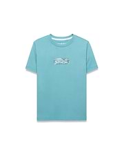 Kids' Alfie Back Graphic Tee in aqua blue, featuring a classic fit and smooth jersey knit. A rectangular center chest graphic displays repeating white and grey Psycho Bunny skull logos. (1)