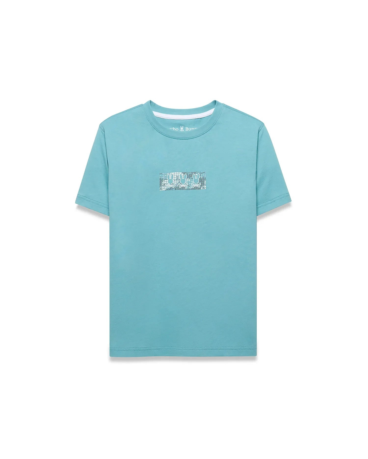 Kids' Alfie Back Graphic Tee in aqua blue, featuring a classic fit and smooth jersey knit. A rectangular center chest graphic displays repeating white and grey Psycho Bunny skull logos. (1)