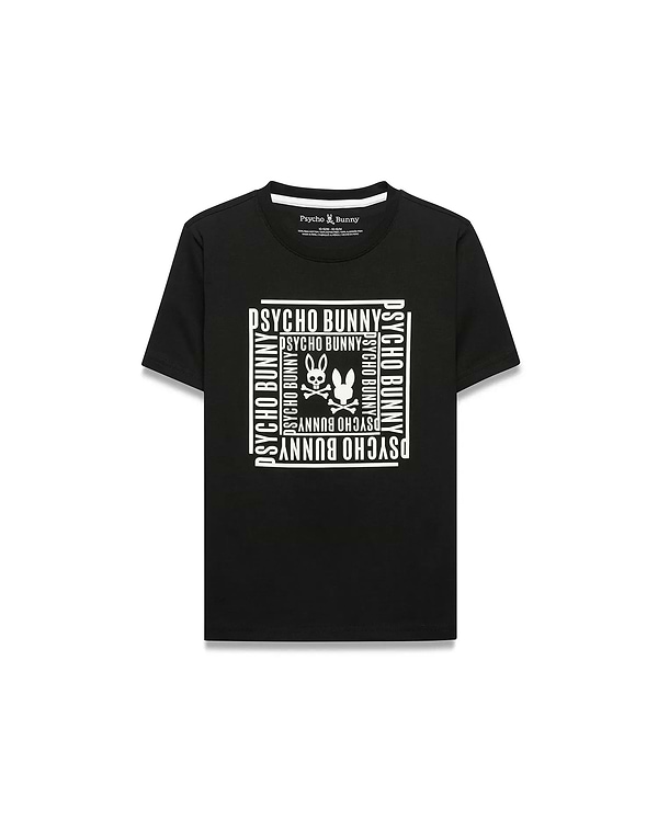 Kids' Raj Pima Graphic Tee, a black classic fit Pima cotton jersey t-shirt featuring a large white chest graphic with stacked Psycho Bunny text and two iconic bunny skull logos. (1)