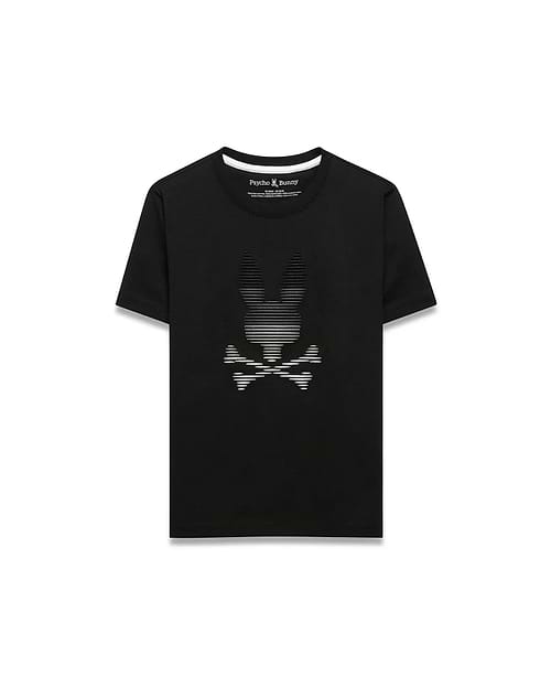Kids' Slade Pima Graphic Tee, a black classic fit Pima cotton jersey t-shirt featuring a large central white striped Psycho Bunny skull graphic and white accent neck tape. (1)