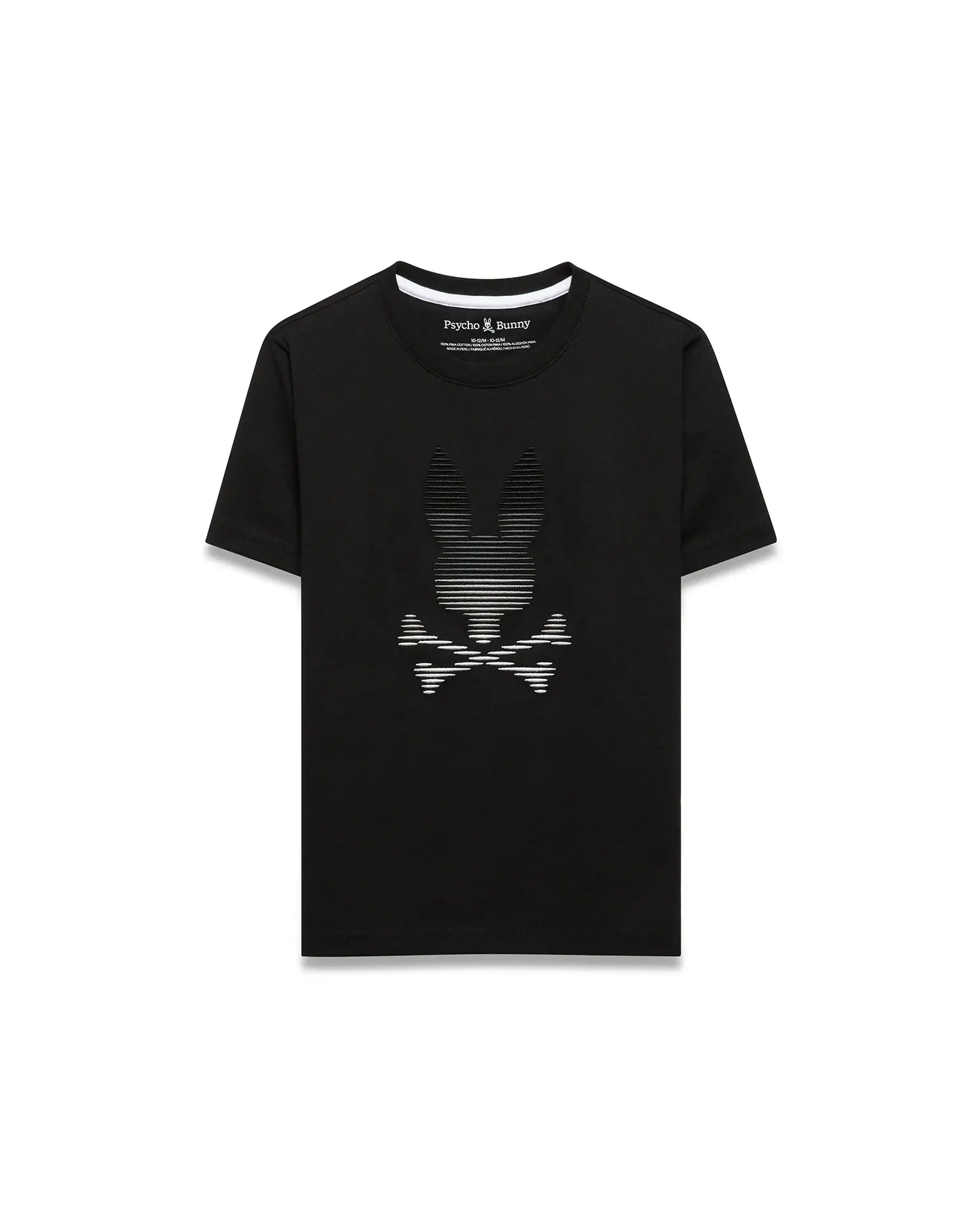 Kids' Slade Pima Graphic Tee, a black classic fit Pima cotton jersey t-shirt featuring a large central white striped Psycho Bunny skull graphic and white accent neck tape. (1)