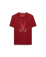 Kids' Slade Pima Graphic Tee. Deep red Pima cotton jersey t-shirt, classic fit, with a large striped white and pink bunny skull graphic on the chest and orange neck tape. (1)