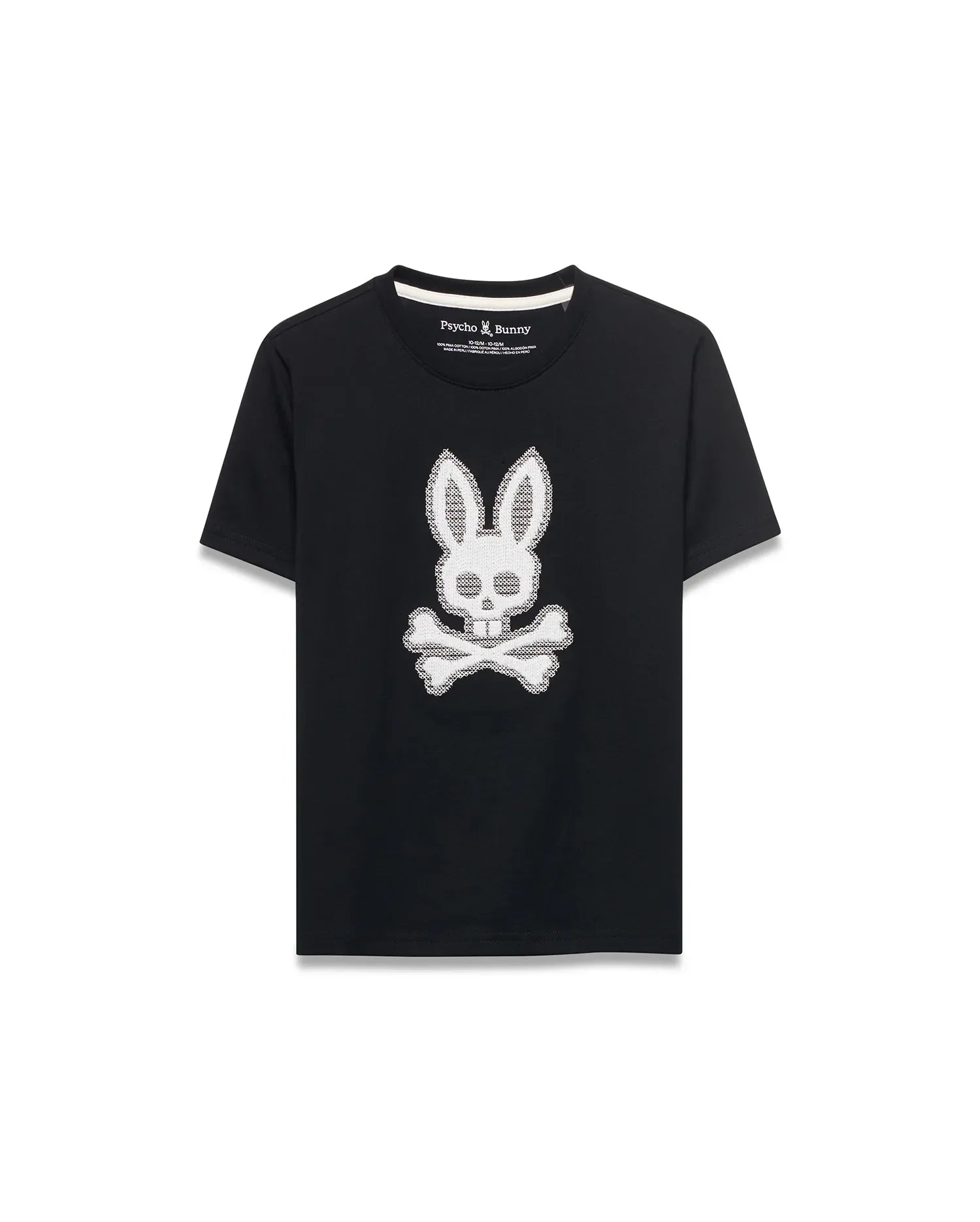 Kids' Samson Pima Graphic Tee, black classic fit Pima cotton jersey with a large white textured Psycho Bunny skull logo graphic centered on the chest. (1)