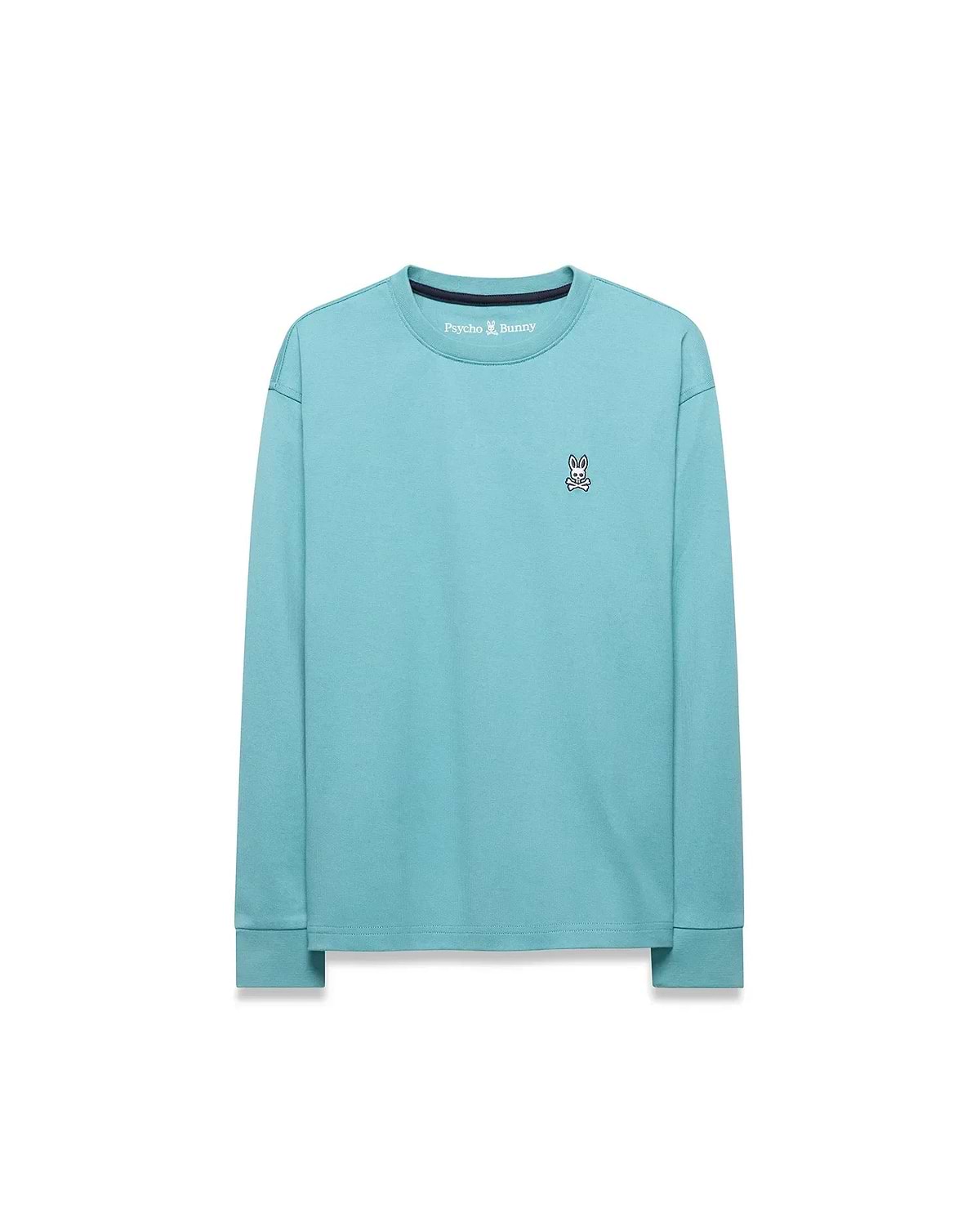 Kid's Norman Longsleeve Oversized Tee in aqua jersey, with a small embroidered white, black, and red Psycho Bunny skull logo on the left chest and a black ribbed collar. (5)
