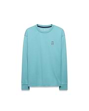 Kid's Norman Longsleeve Oversized Tee in aqua jersey, with a small embroidered white, black, and red Psycho Bunny skull logo on the left chest and a black ribbed collar. (5)