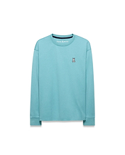 Kid's Norman Longsleeve Oversized Tee in aqua jersey, with a small embroidered white, black, and red Psycho Bunny skull logo on the left chest and a black ribbed collar. (5)