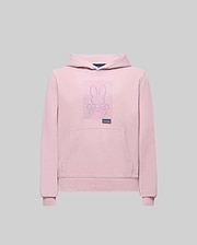 The Psycho Bunny KIDS GRANT HOODIE (KT0500020) is a light pink premium cotton blend with an outlined embroidered Bunny and crossed bones on the chest, front pocket, and small label below the graphic. Displayed on a plain gray background.